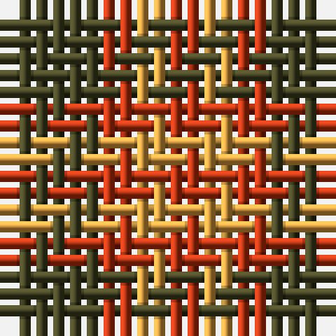 a small sett (G6 R2 Y2 R2) woven with gaps, showing solid blocks where warp and weft share a colour and blended bands where they differ